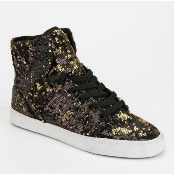 Women’s supra skytop sneakers black gold sequin with white sole size 7 - Picture 2 of 3